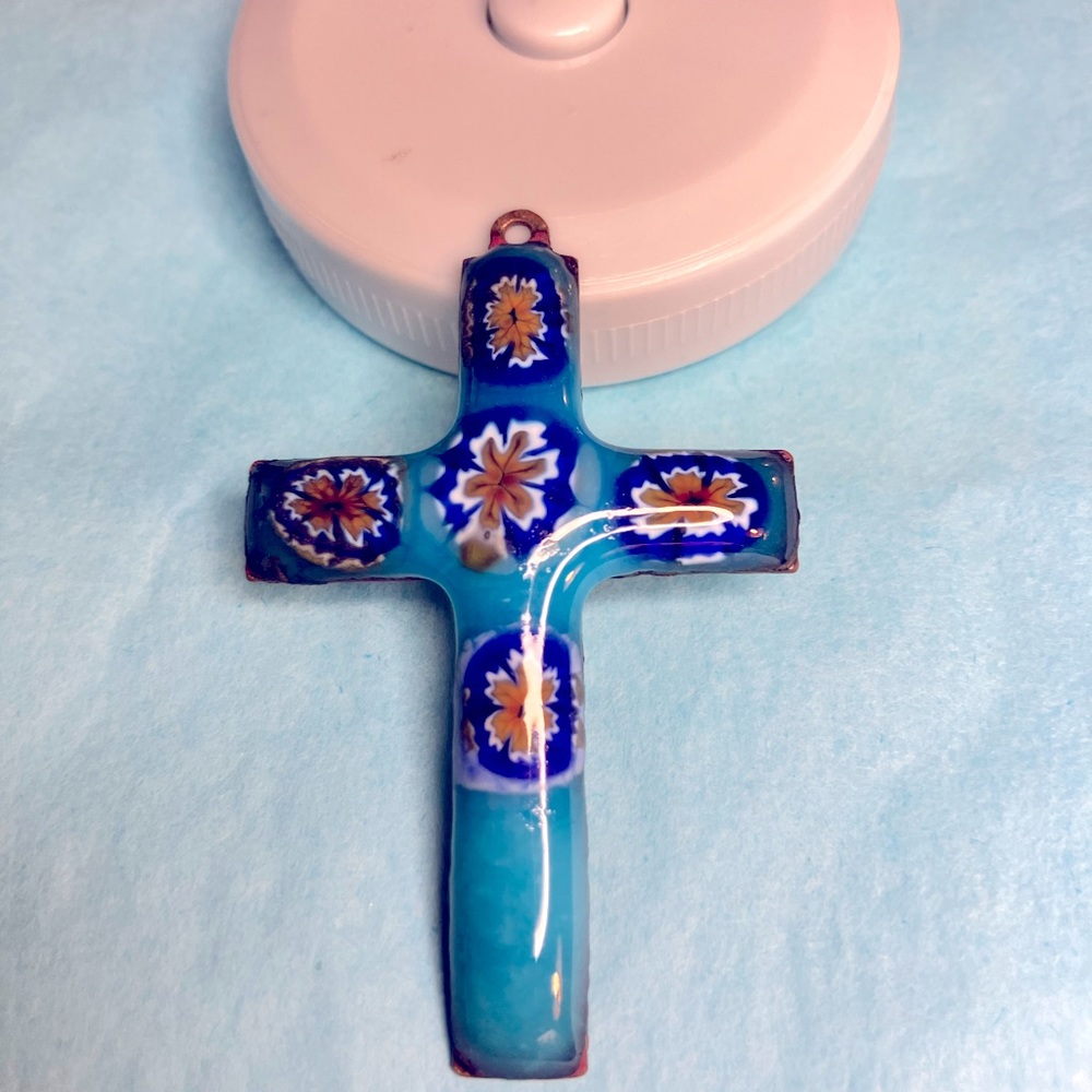 Vintage Artisan enamel on copper crucifix pendant.